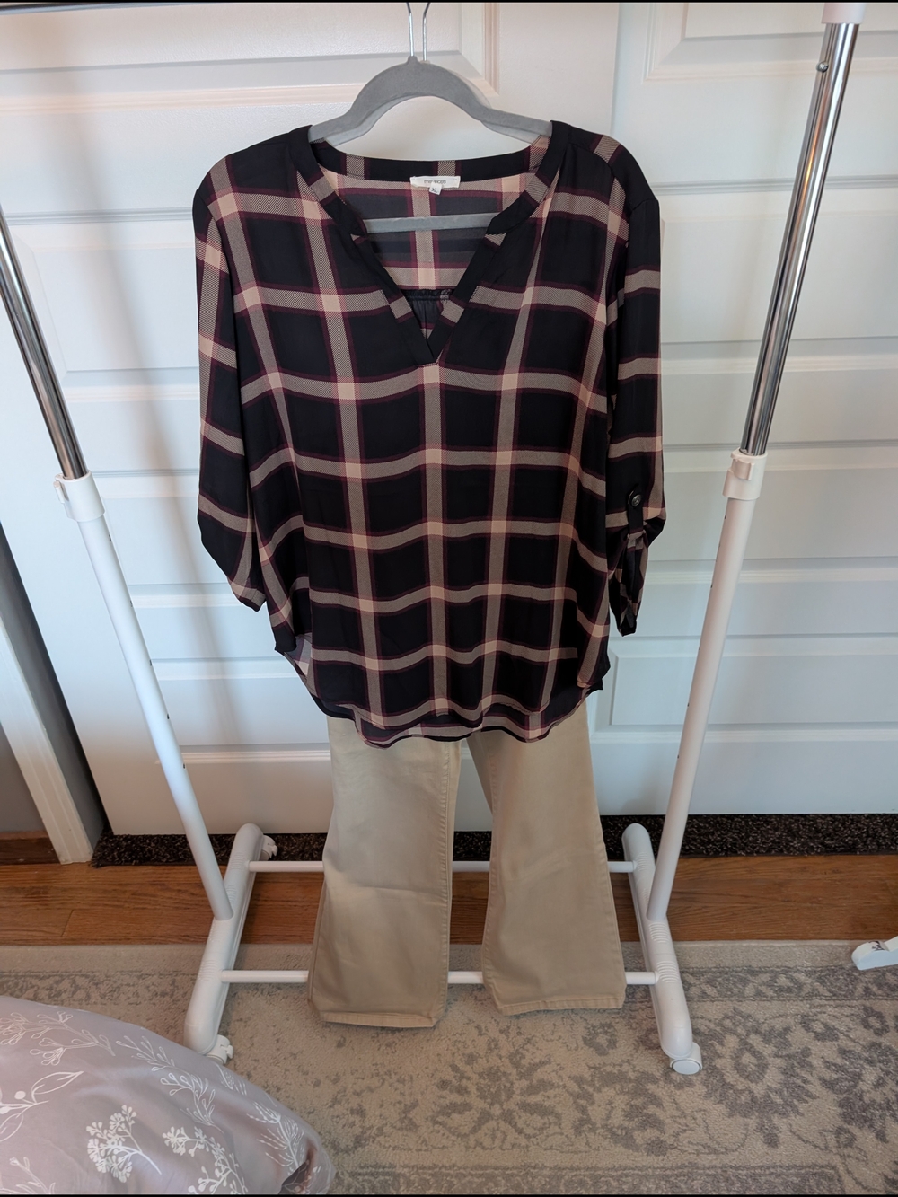 Maurices Black and Beige Plaid Roll-Tab Blouse